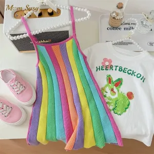 Vibrant Rainbow Stripe Girls Knit Dress