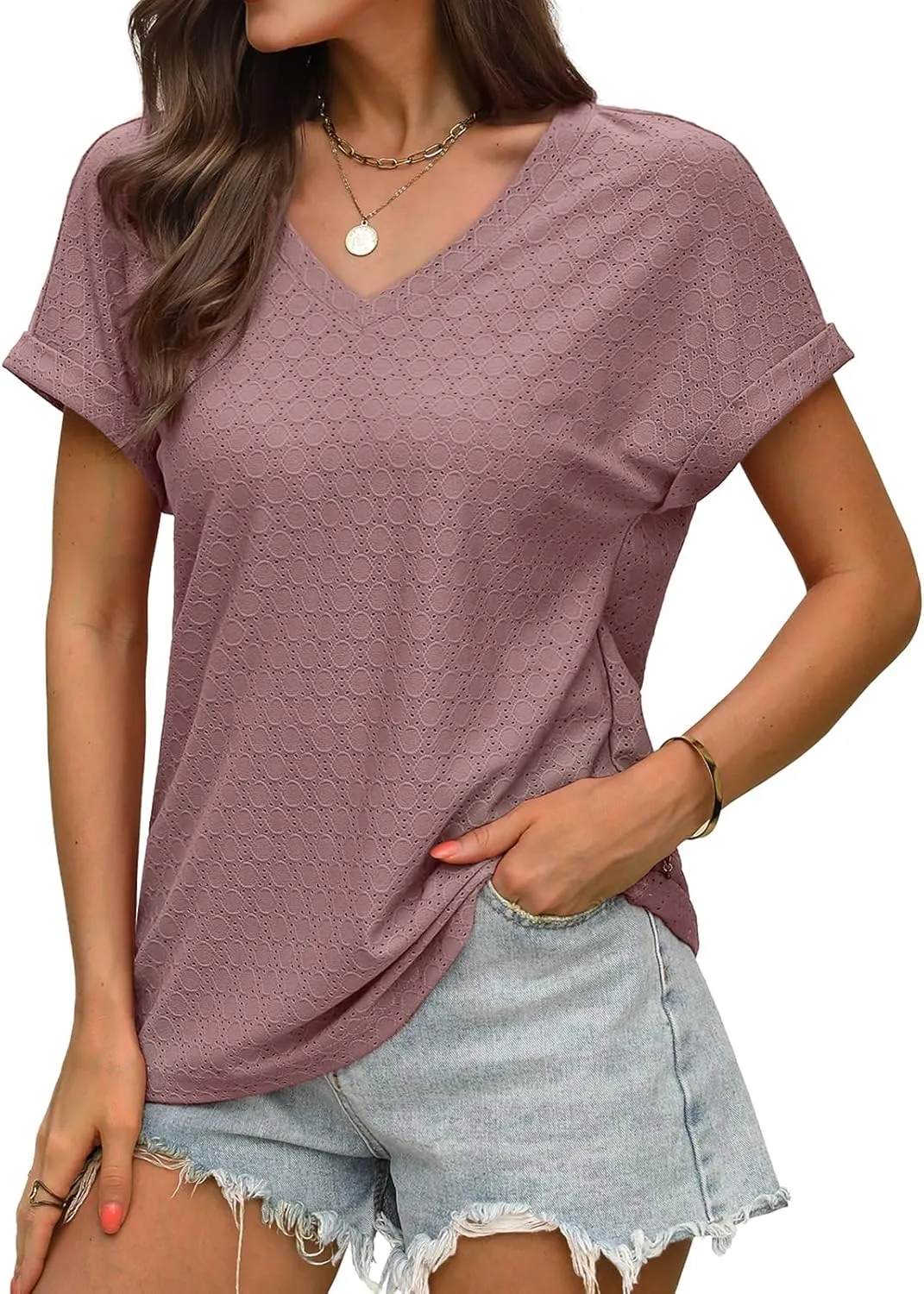 WIHOLL Womens Tops Short Sleeve Basic Summer V Neck T Shirts Dressy Casual Loose Fit Eyelet Tees Cute Flowy Fashion Outfits