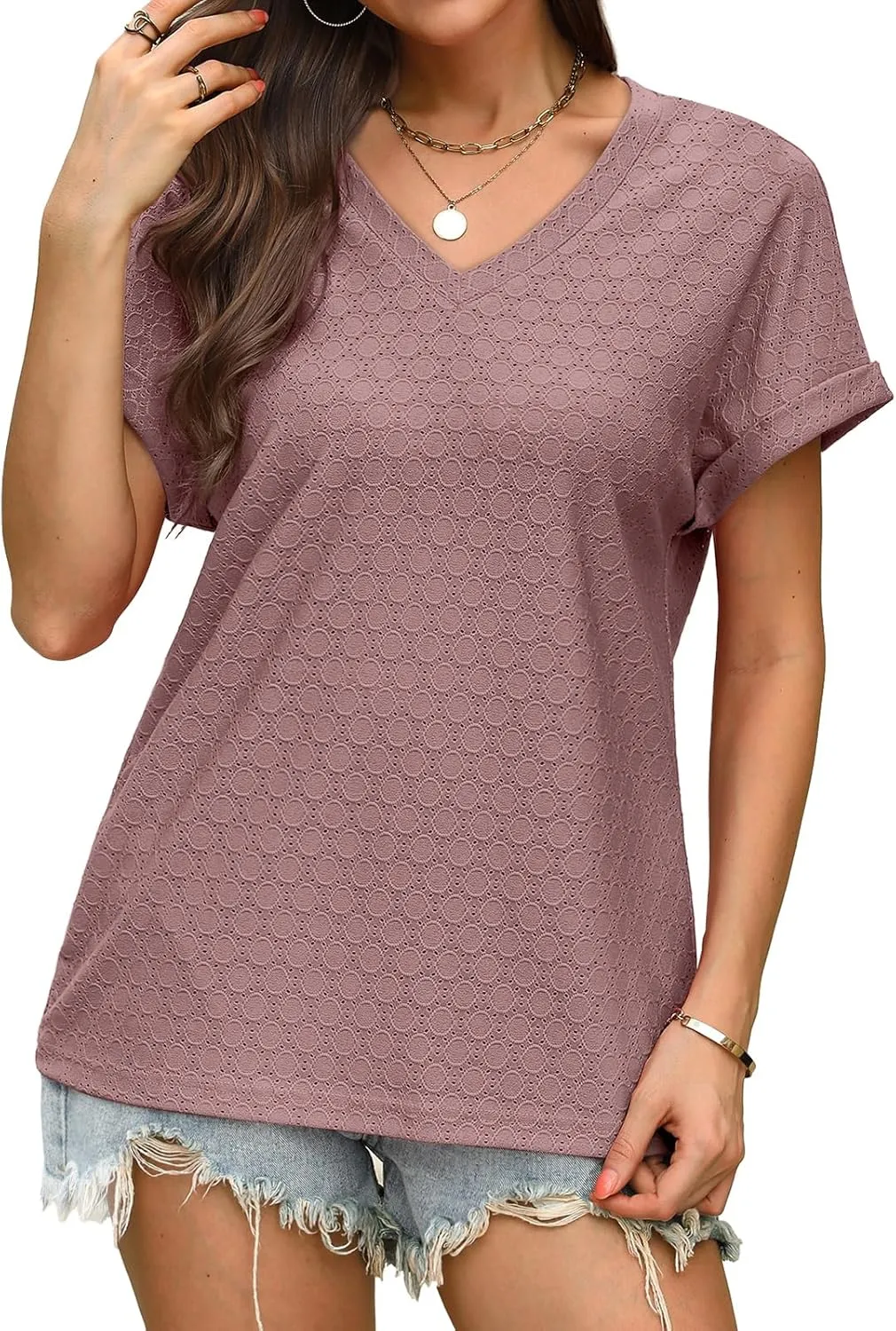 WIHOLL Womens Tops Short Sleeve Basic Summer V Neck T Shirts Dressy Casual Loose Fit Eyelet Tees Cute Flowy Fashion Outfits