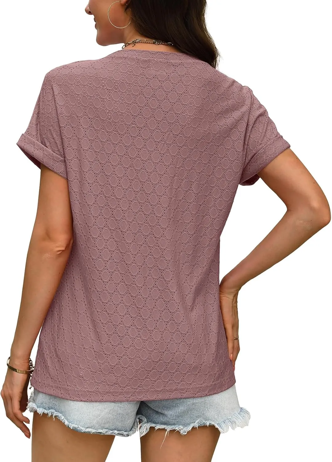 WIHOLL Womens Tops Short Sleeve Basic Summer V Neck T Shirts Dressy Casual Loose Fit Eyelet Tees Cute Flowy Fashion Outfits