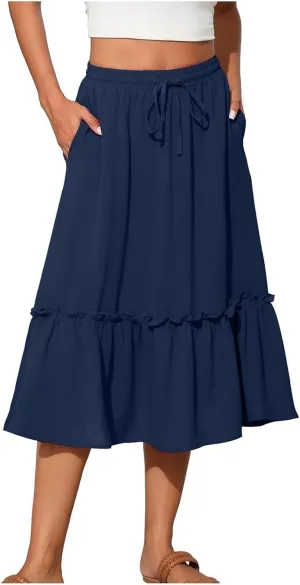 Women Ruched Ruffle Skirts Midi Length Summer Beach Half Dress Casual Vacation Skirt Trendy Cruise Clothes