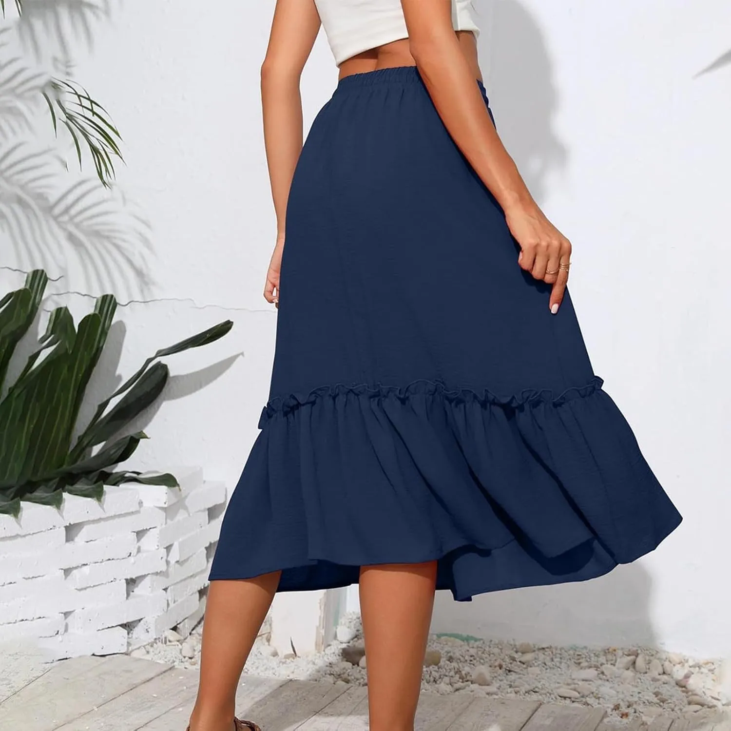 Women Ruched Ruffle Skirts Midi Length Summer Beach Half Dress Casual Vacation Skirt Trendy Cruise Clothes