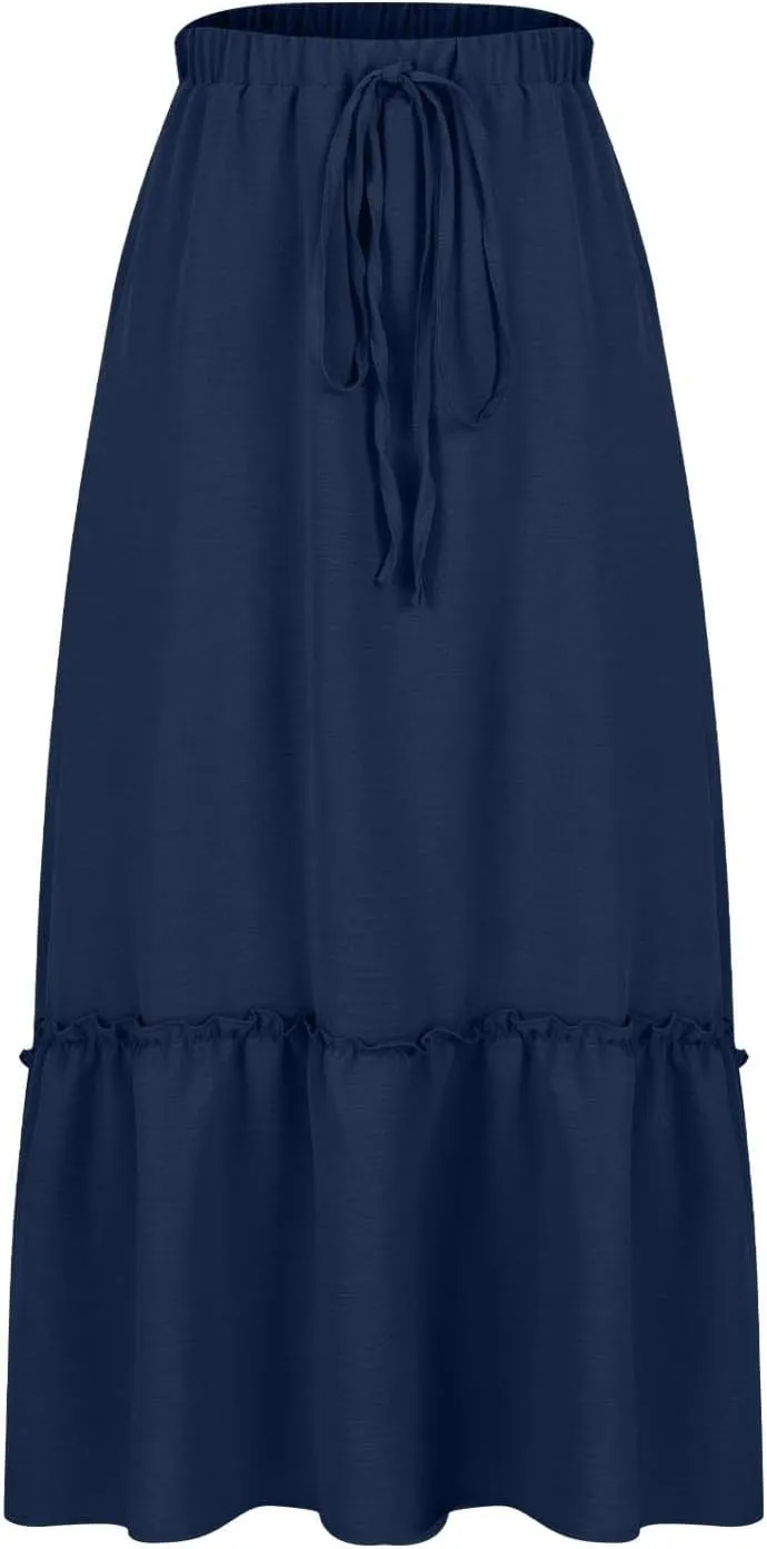 Women Ruched Ruffle Skirts Midi Length Summer Beach Half Dress Casual Vacation Skirt Trendy Cruise Clothes