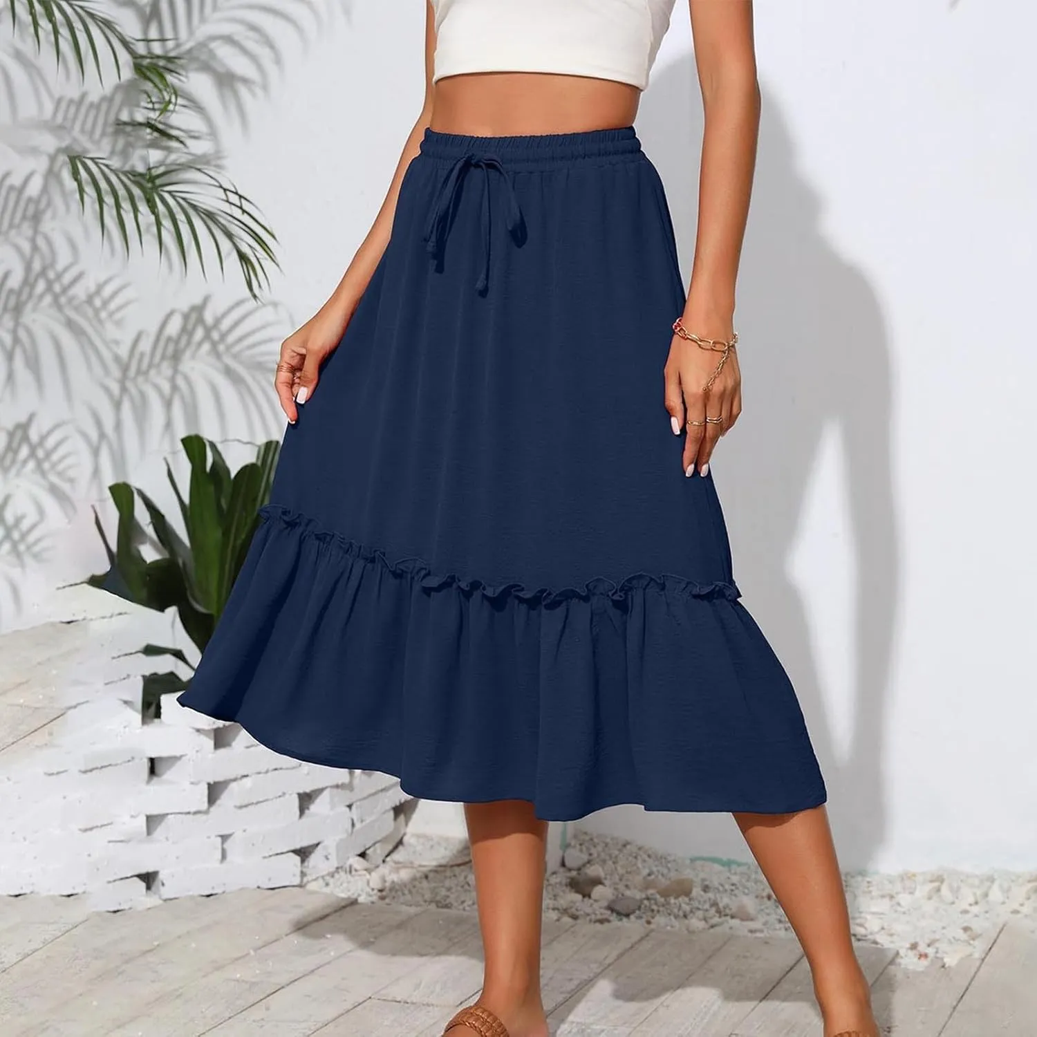 Women Ruched Ruffle Skirts Midi Length Summer Beach Half Dress Casual Vacation Skirt Trendy Cruise Clothes