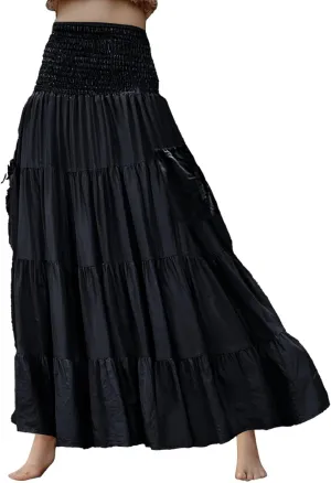 Women Ruffle Maxi Skirt 2025 Casual Boho Flowy Swing Tiered Flared A-Line Pleated Elastic Waist Midi Beach Dress,A002Black,S
