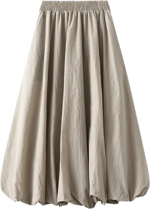 Womens Casual Boho Skirts Solid Lantern Skirt Trendy Pleated Elastic Waist Flower Bud A-line Skirt Beach Half Dress