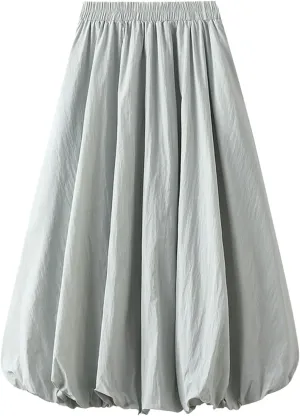 Womens Casual Boho Skirts Solid Lantern Skirt Trendy Pleated Elastic Waist Flower Bud A-line Skirt Beach Half Dress
