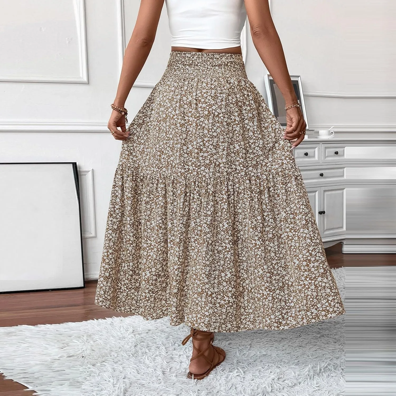 Womens Floral Maxi Skirt A Line Tiered Long Flowy Skirts with Pockets Casual Smocked High Waisted Boho Beach Skirts