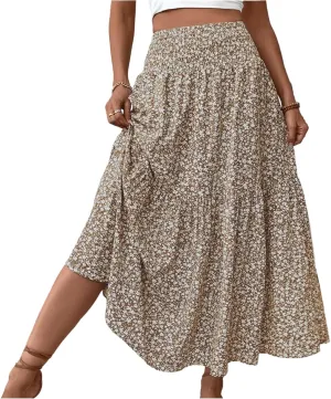 Womens Floral Maxi Skirt A Line Tiered Long Flowy Skirts with Pockets Casual Smocked High Waisted Boho Beach Skirts