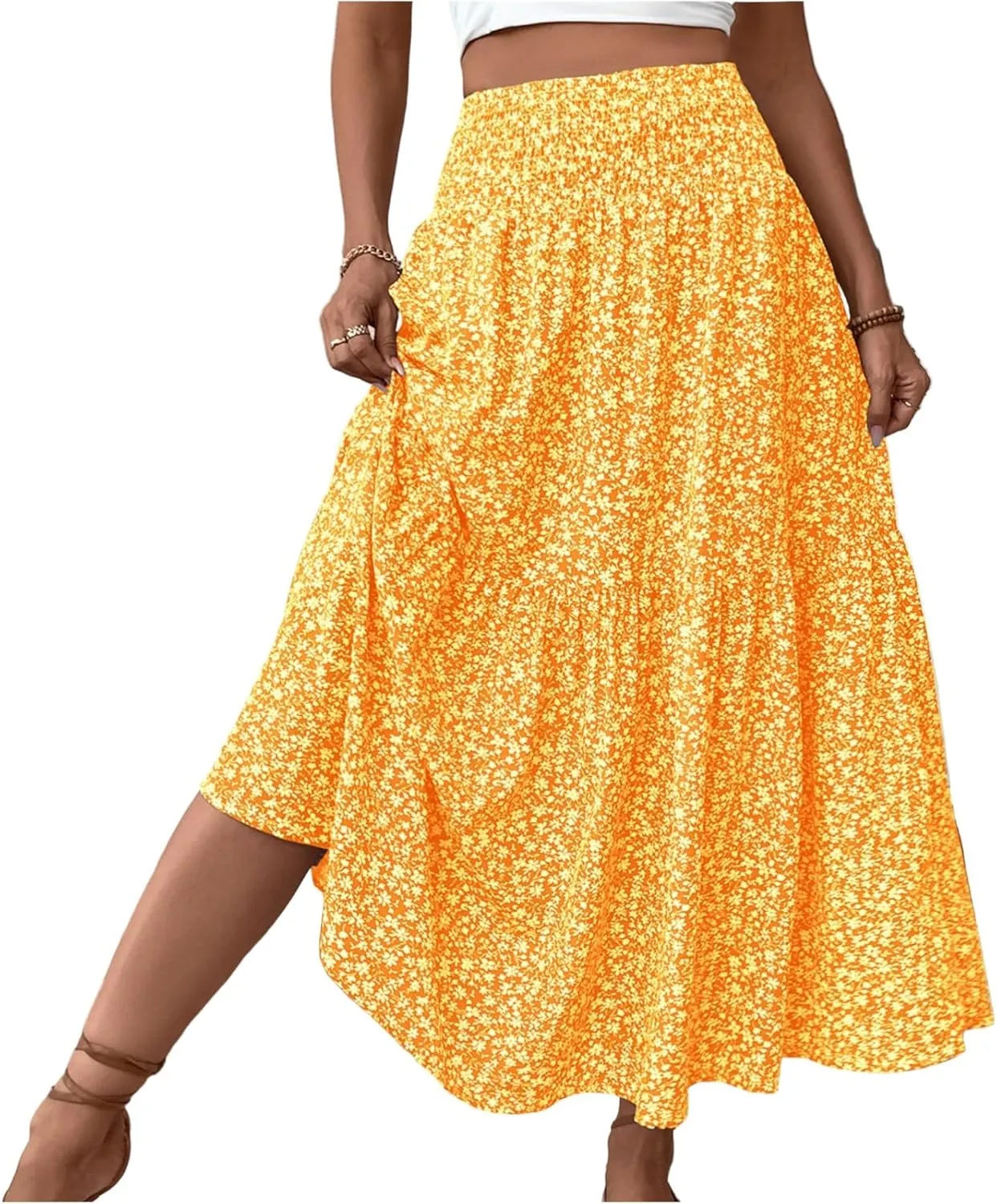 Womens Floral Maxi Skirt A Line Tiered Long Flowy Skirts with Pockets Casual Smocked High Waisted Boho Beach Skirts