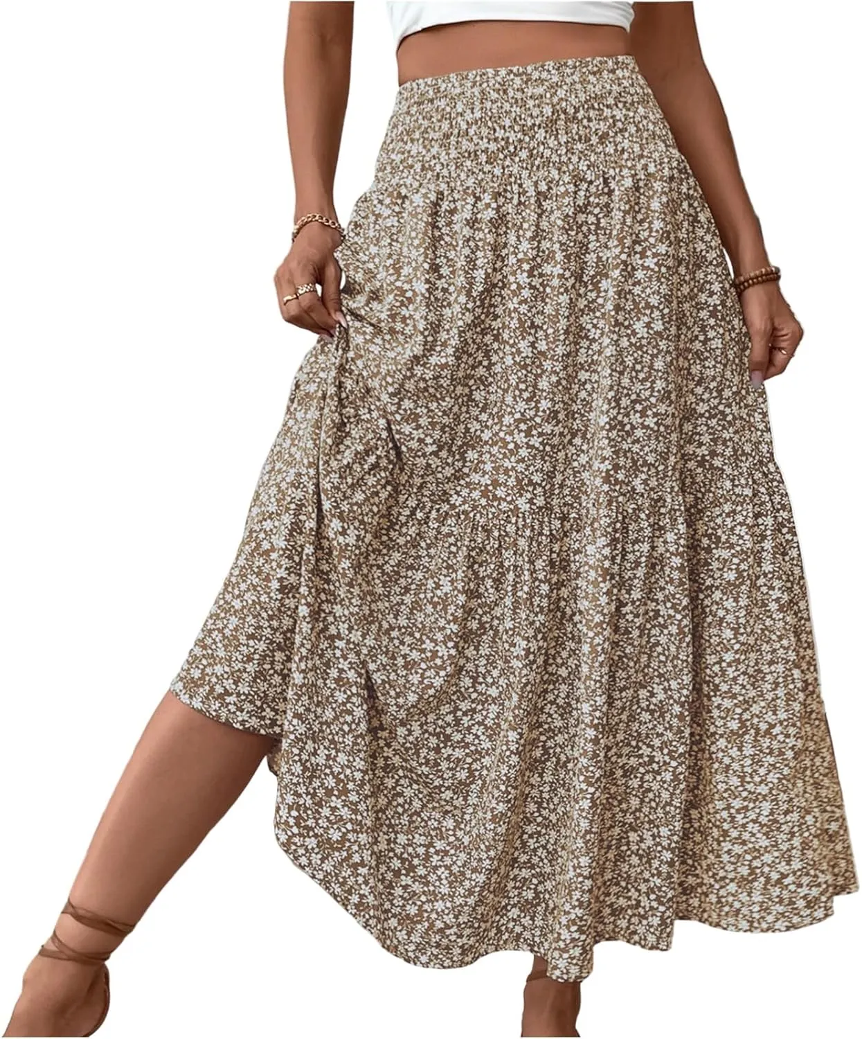 Womens Floral Maxi Skirt A Line Tiered Long Flowy Skirts with Pockets Casual Smocked High Waisted Boho Beach Skirts