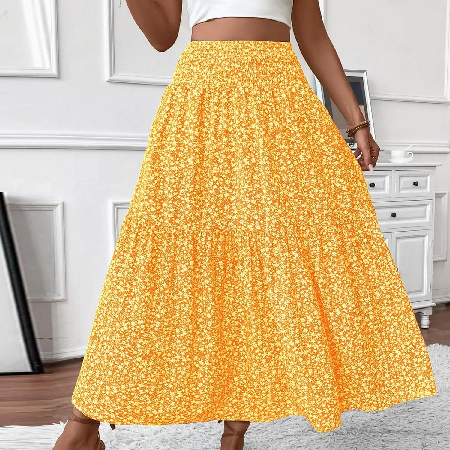 Womens Floral Maxi Skirt A Line Tiered Long Flowy Skirts with Pockets Casual Smocked High Waisted Boho Beach Skirts