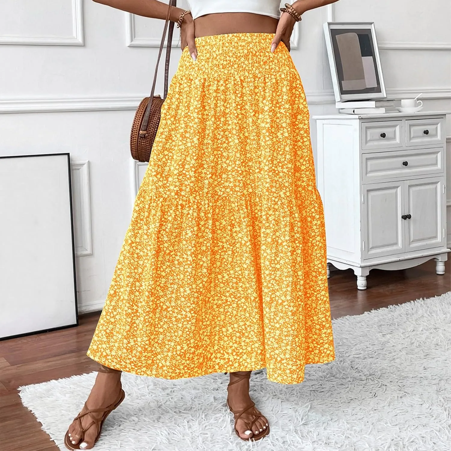 Womens Floral Maxi Skirt A Line Tiered Long Flowy Skirts with Pockets Casual Smocked High Waisted Boho Beach Skirts