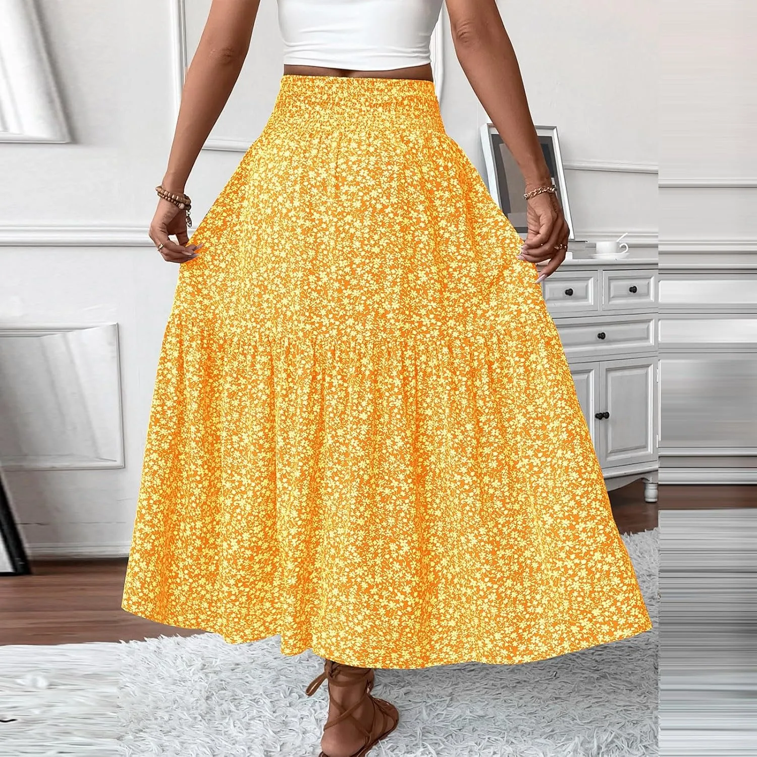 Womens Floral Maxi Skirt A Line Tiered Long Flowy Skirts with Pockets Casual Smocked High Waisted Boho Beach Skirts