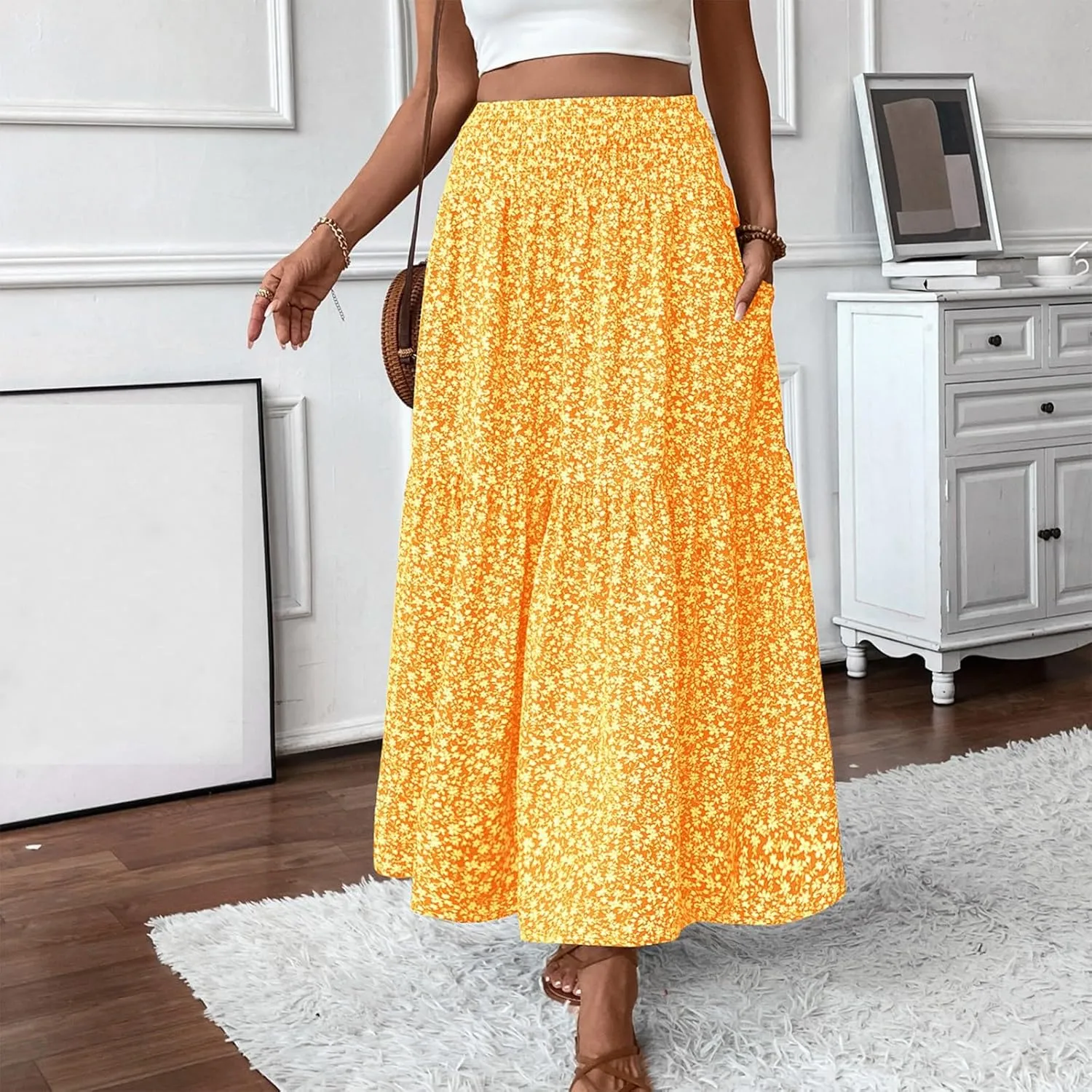 Womens Floral Maxi Skirt A Line Tiered Long Flowy Skirts with Pockets Casual Smocked High Waisted Boho Beach Skirts