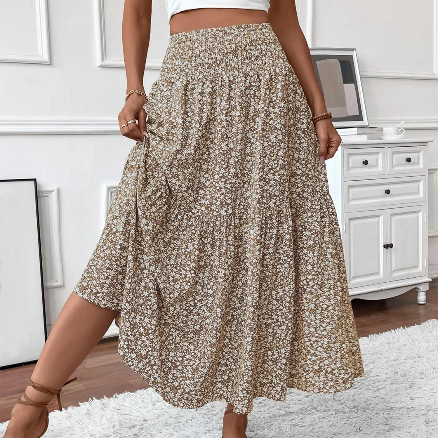 Womens Floral Maxi Skirt A Line Tiered Long Flowy Skirts with Pockets Casual Smocked High Waisted Boho Beach Skirts