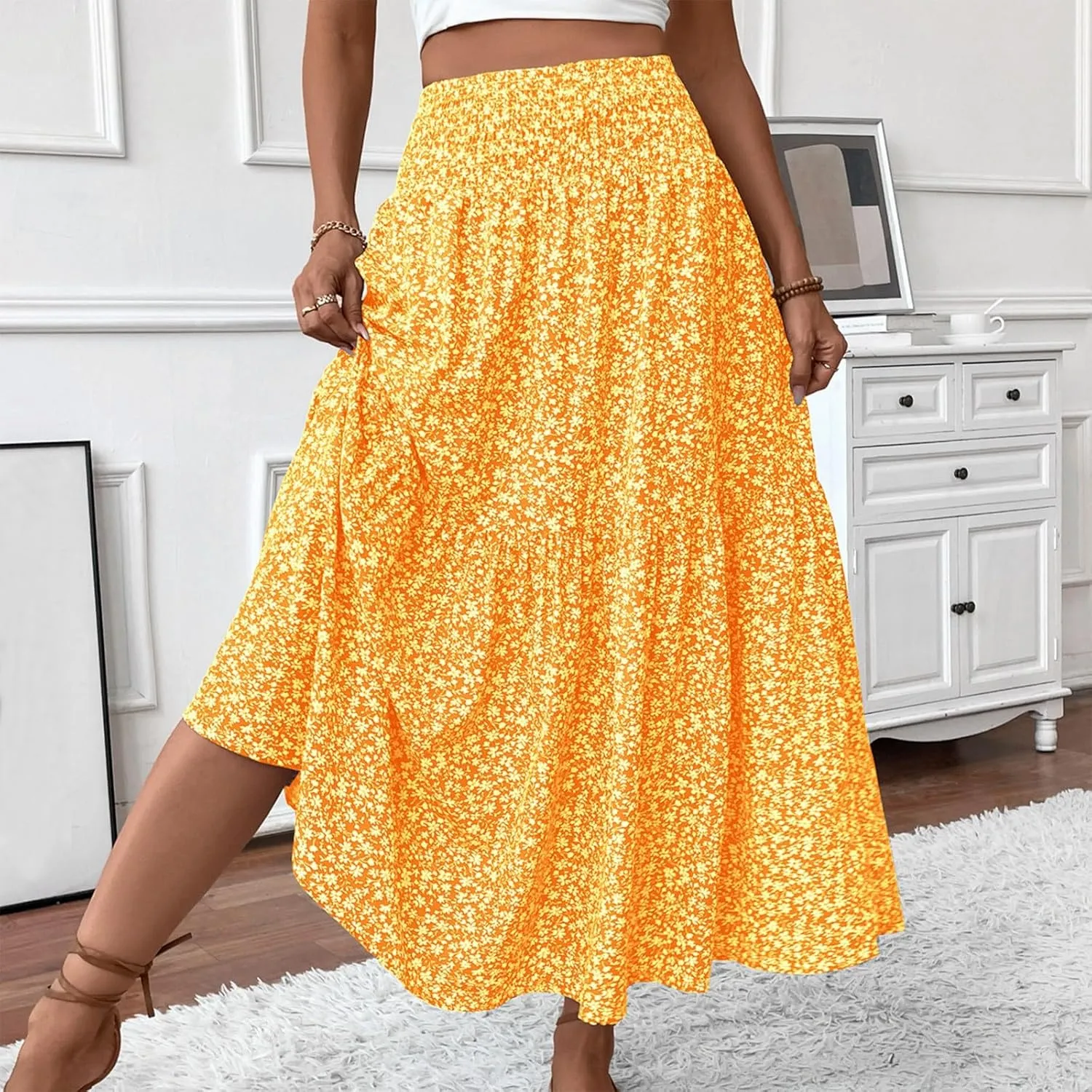 Womens Floral Maxi Skirt A Line Tiered Long Flowy Skirts with Pockets Casual Smocked High Waisted Boho Beach Skirts