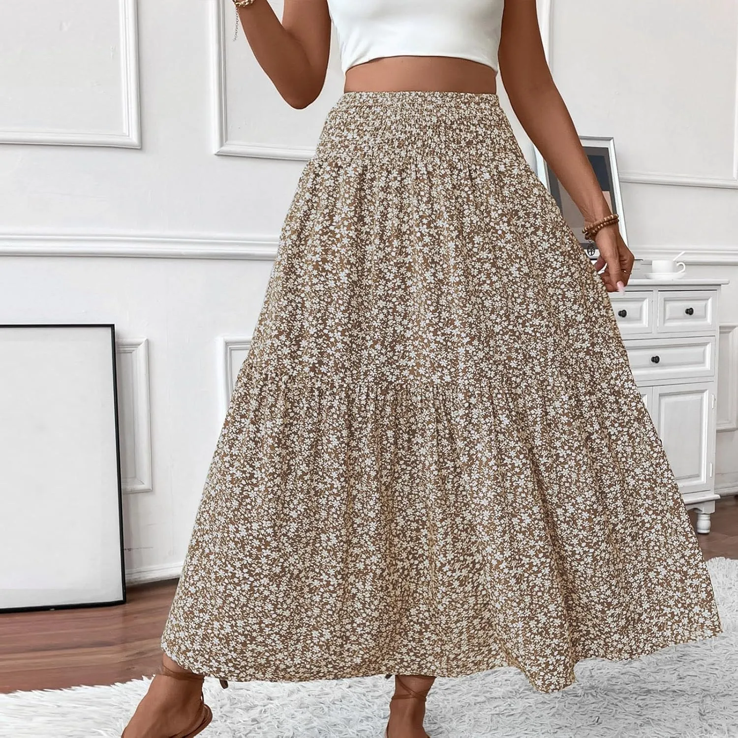 Womens Floral Maxi Skirt A Line Tiered Long Flowy Skirts with Pockets Casual Smocked High Waisted Boho Beach Skirts