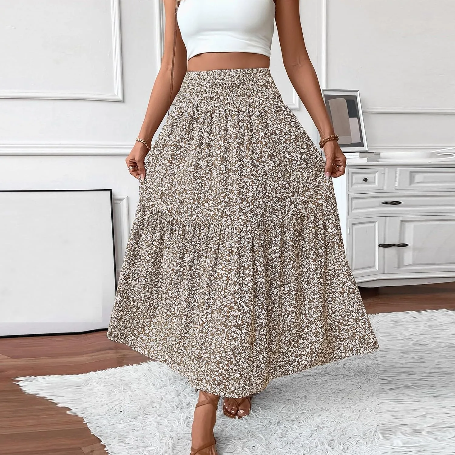 Womens Floral Maxi Skirt A Line Tiered Long Flowy Skirts with Pockets Casual Smocked High Waisted Boho Beach Skirts