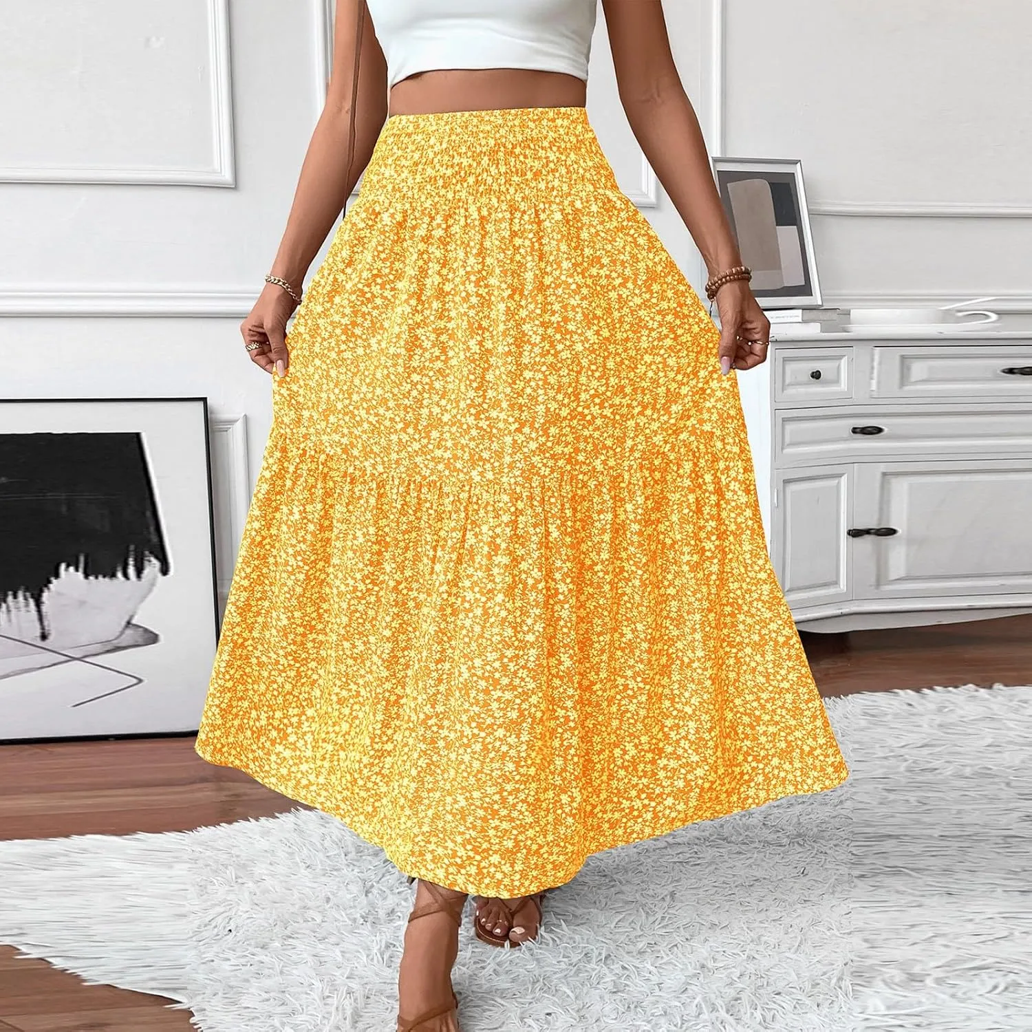 Womens Floral Maxi Skirt A Line Tiered Long Flowy Skirts with Pockets Casual Smocked High Waisted Boho Beach Skirts