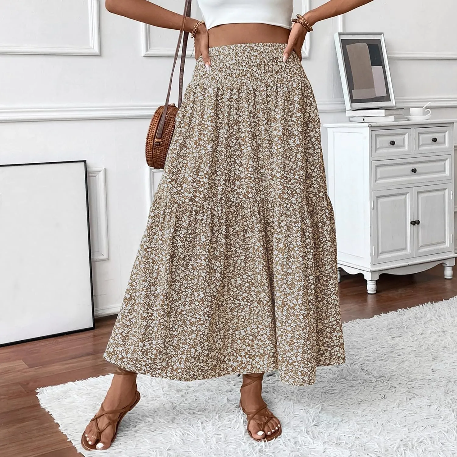 Womens Floral Maxi Skirt A Line Tiered Long Flowy Skirts with Pockets Casual Smocked High Waisted Boho Beach Skirts
