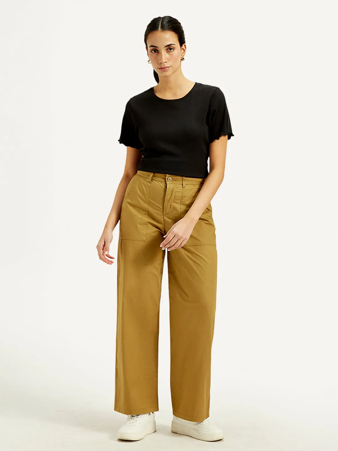 Women's Mid Rise Mustard Straight Fit Trousers