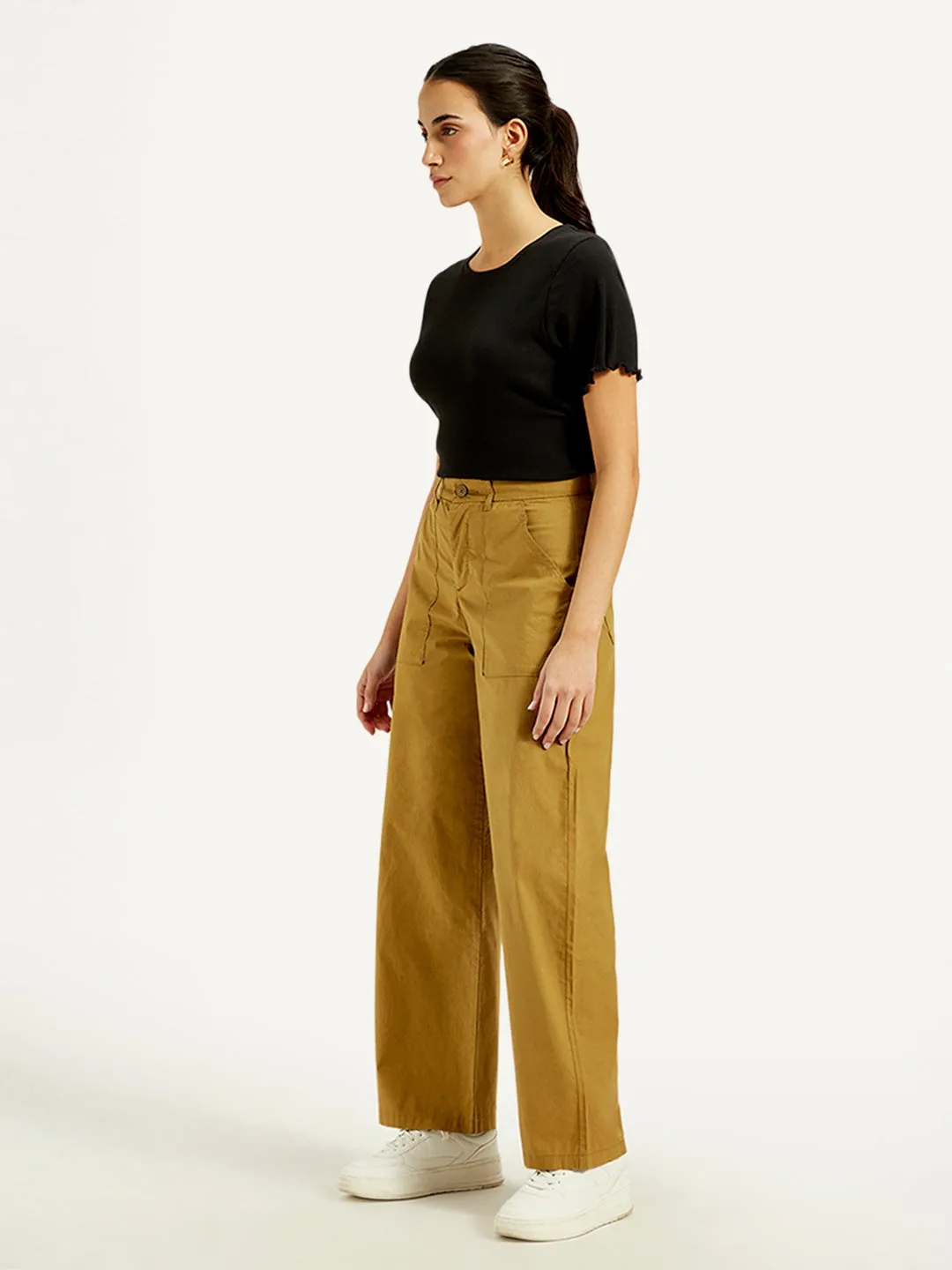Women's Mid Rise Mustard Straight Fit Trousers