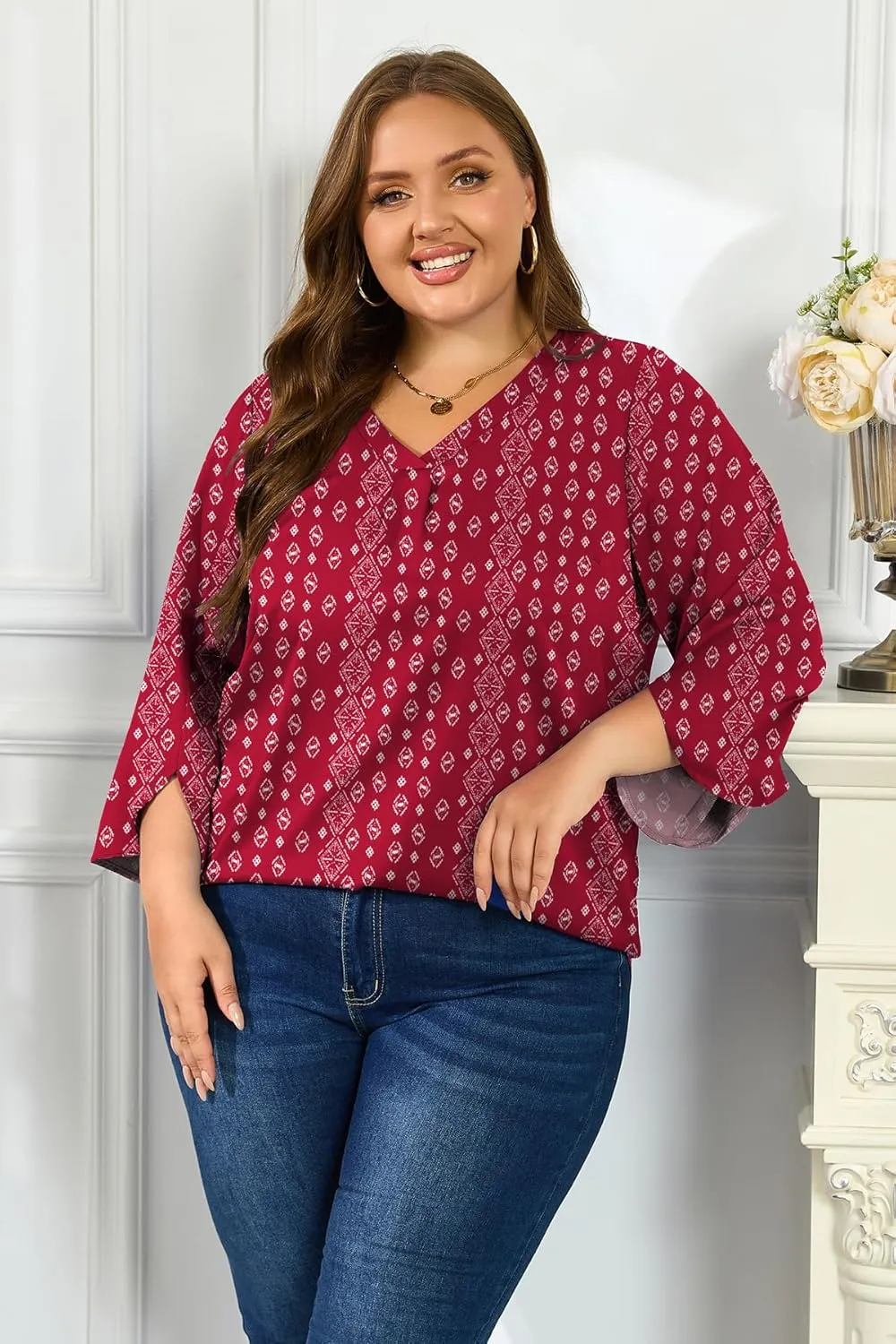 Womens Plus Size 3/4 Sleeve Blouse Summer Dressy Shirts V Neck Tunic Casual Loose Flowy Tops