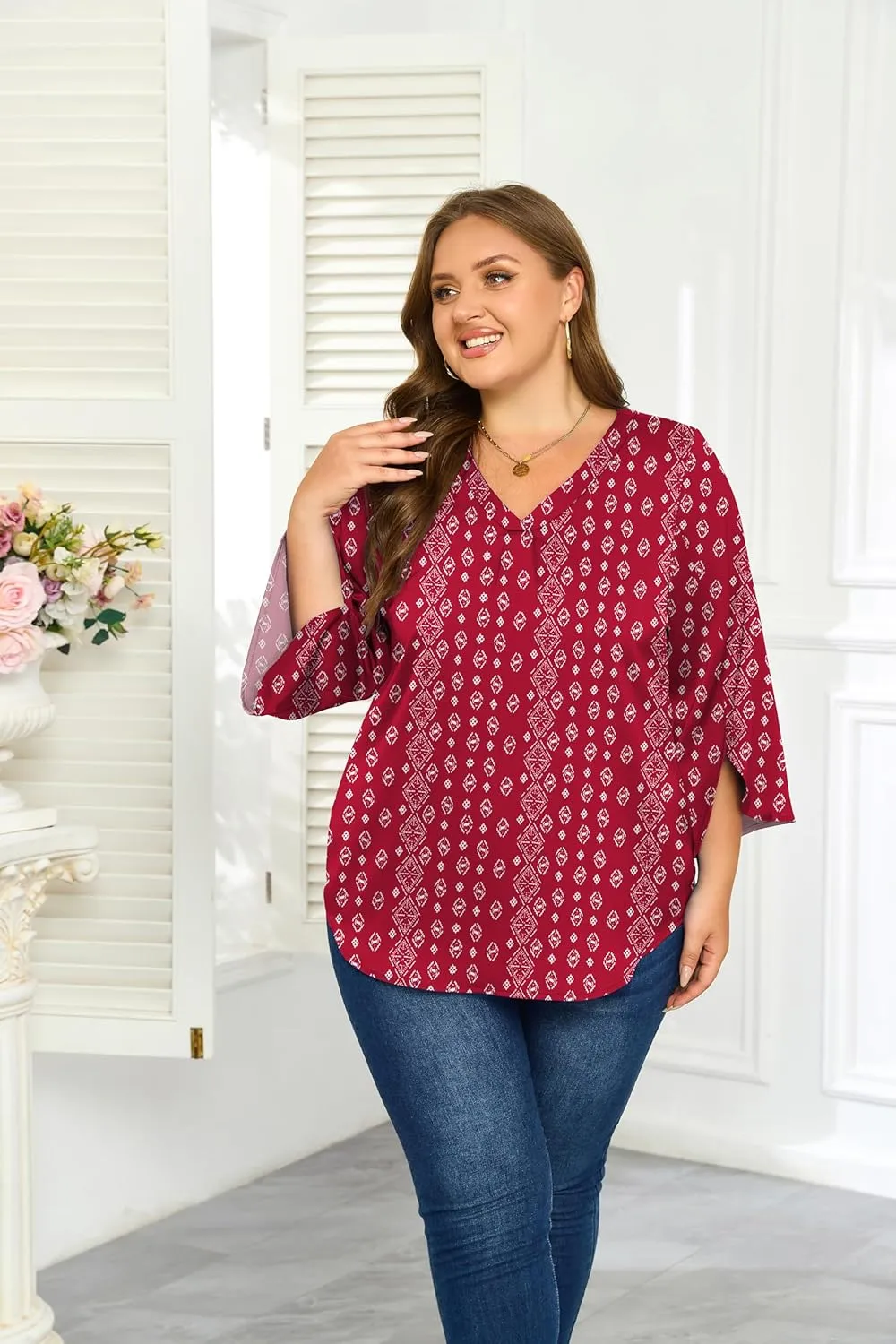 Womens Plus Size 3/4 Sleeve Blouse Summer Dressy Shirts V Neck Tunic Casual Loose Flowy Tops