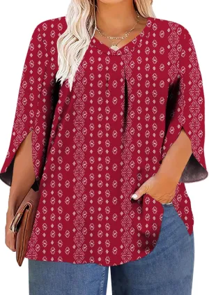 Womens Plus Size 3/4 Sleeve Blouse Summer Dressy Shirts V Neck Tunic Casual Loose Flowy Tops