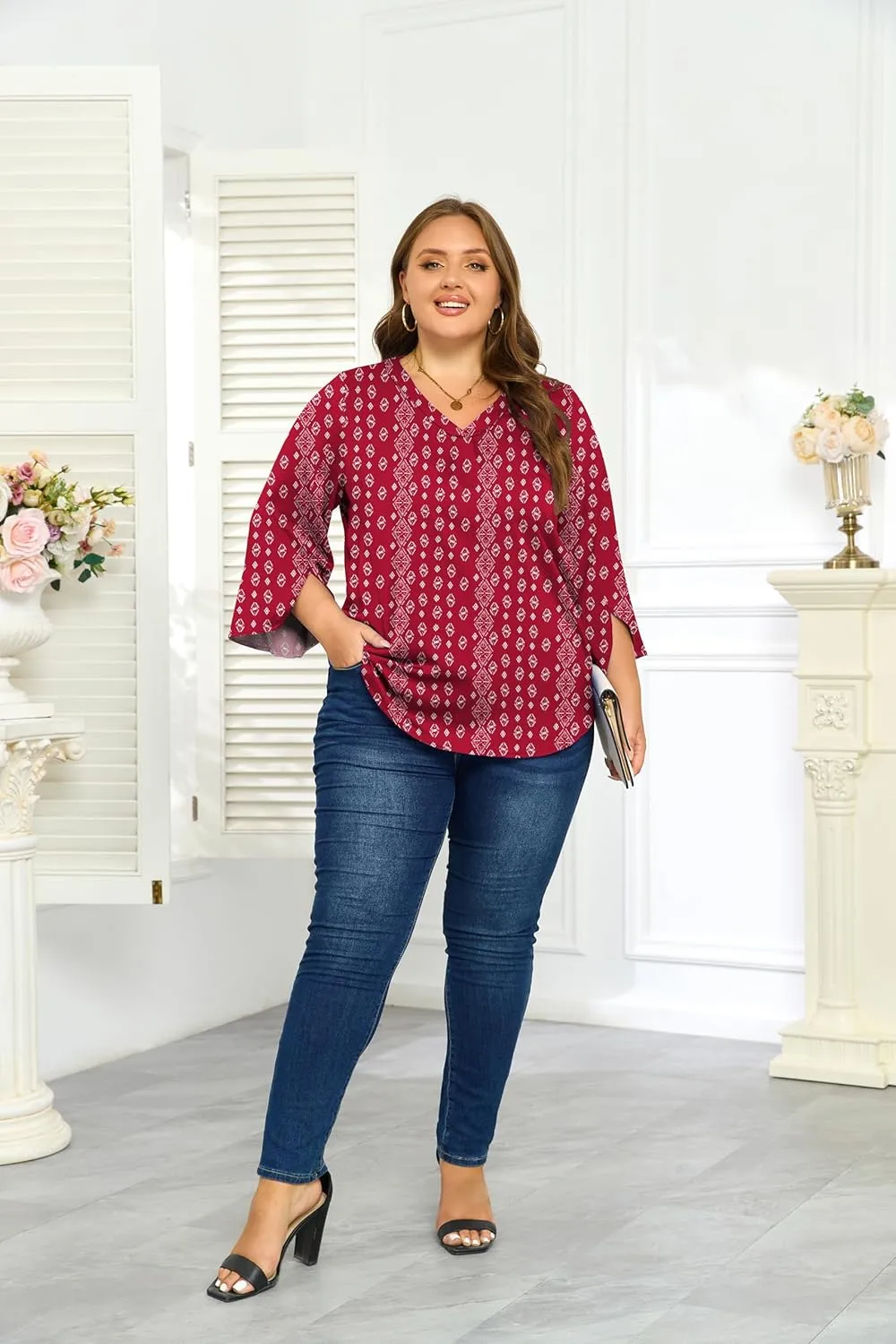 Womens Plus Size 3/4 Sleeve Blouse Summer Dressy Shirts V Neck Tunic Casual Loose Flowy Tops