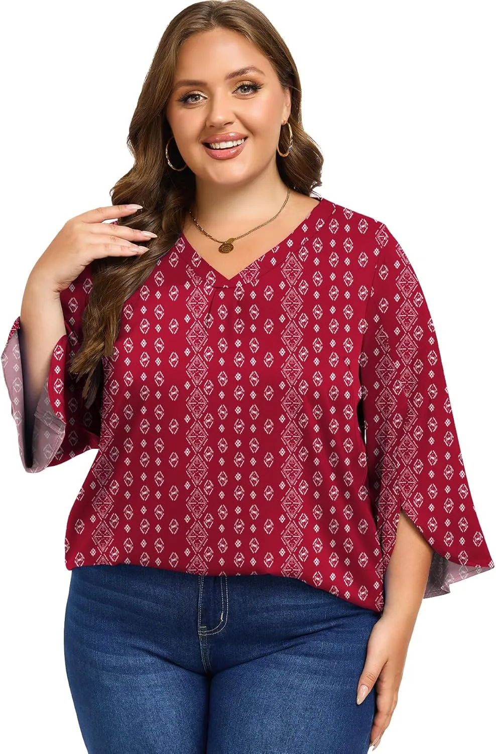 Womens Plus Size 3/4 Sleeve Blouse Summer Dressy Shirts V Neck Tunic Casual Loose Flowy Tops
