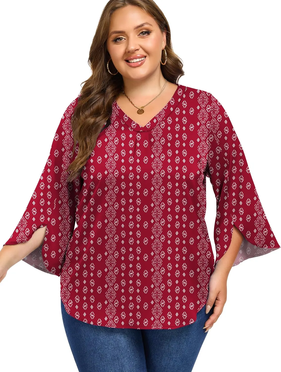 Womens Plus Size 3/4 Sleeve Blouse Summer Dressy Shirts V Neck Tunic Casual Loose Flowy Tops