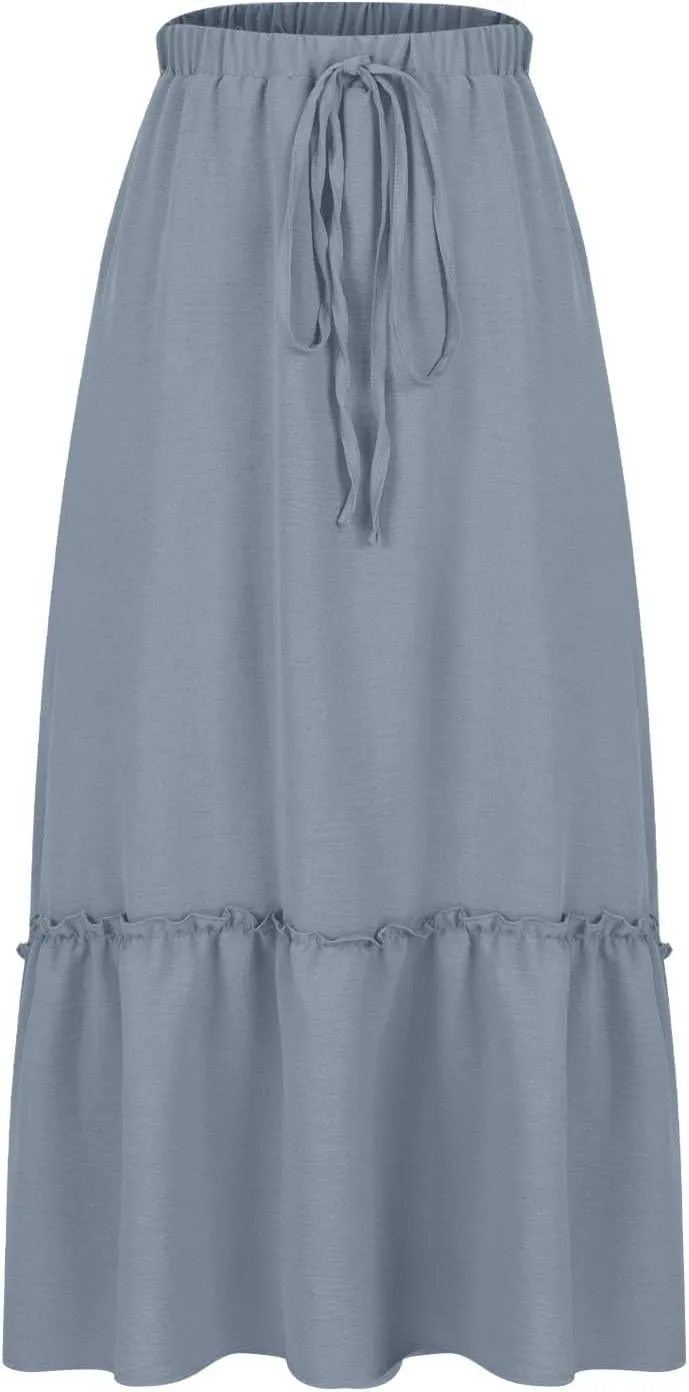 Womens Summer Beach Skirts Lace-Up Elastic Waist Fashion Solid Color A-Line Flowy Skirt Wrinkle Midi Skirts