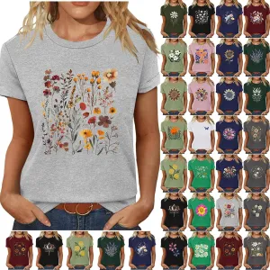 Womens Sunflowers Pattern T Shirts Boho Wildflower Graphic Short Sleeve Blouses Summer Casual Aesthetic Tunic Tee Tops