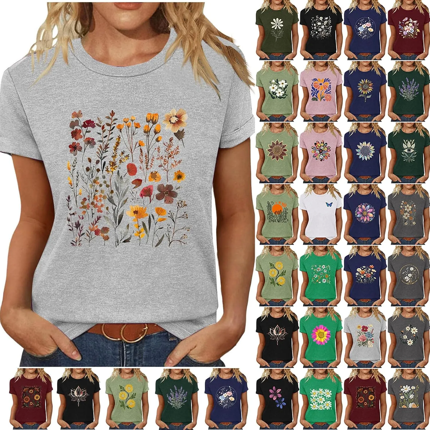 Womens Sunflowers Pattern T Shirts Boho Wildflower Graphic Short Sleeve Blouses Summer Casual Aesthetic Tunic Tee Tops